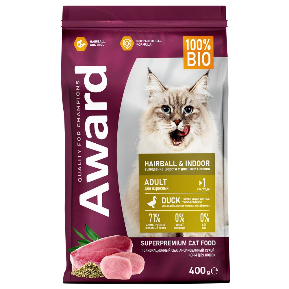 Award Hairball &amp; Indoor для взрослых кошек для вывода шерсти с уткой и индейкой 400гр
