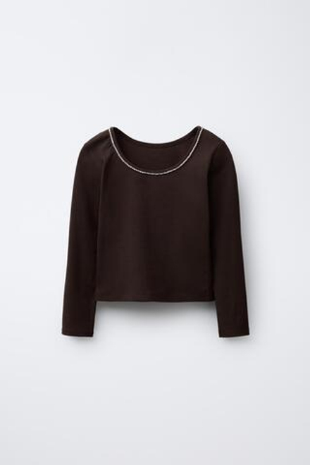 ZARA ТОП В РУБЧИК СО СТРАЗАМИ, КОРИЧНЕВЫЙ