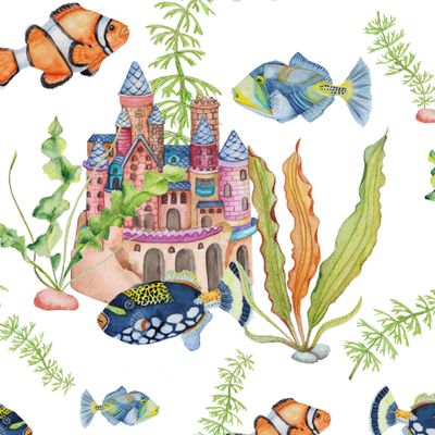Seamless texture, aquarium with fish, castle, seaweed.