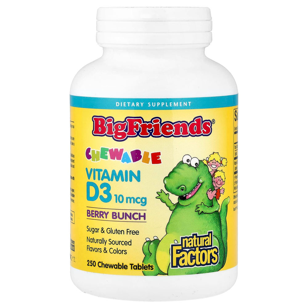Natural Factors, Big Friends®, жевательный витамин D3, со вкусом ягод, 10 мкг (400 МЕ), 250 жевательных таблеток