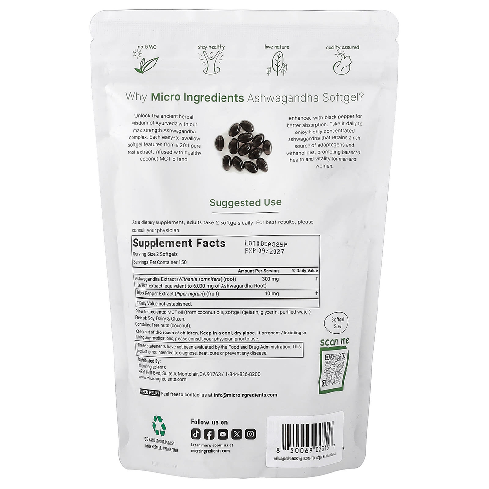 Micro Ingredients, ашваганда, 300 мягких таблеток