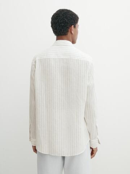 Massimo Dutti Рубашка классического кроя из 100% льна в полоску, натуральный, кремовый