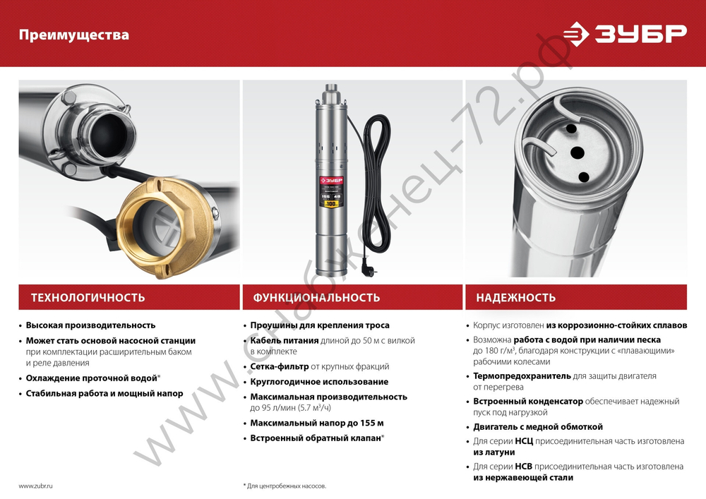 ЗУБР 1800 Вт, 135 м напор, скважинный центробежный насос, корпус из нержавеющей стали (НСЦ-100-135)