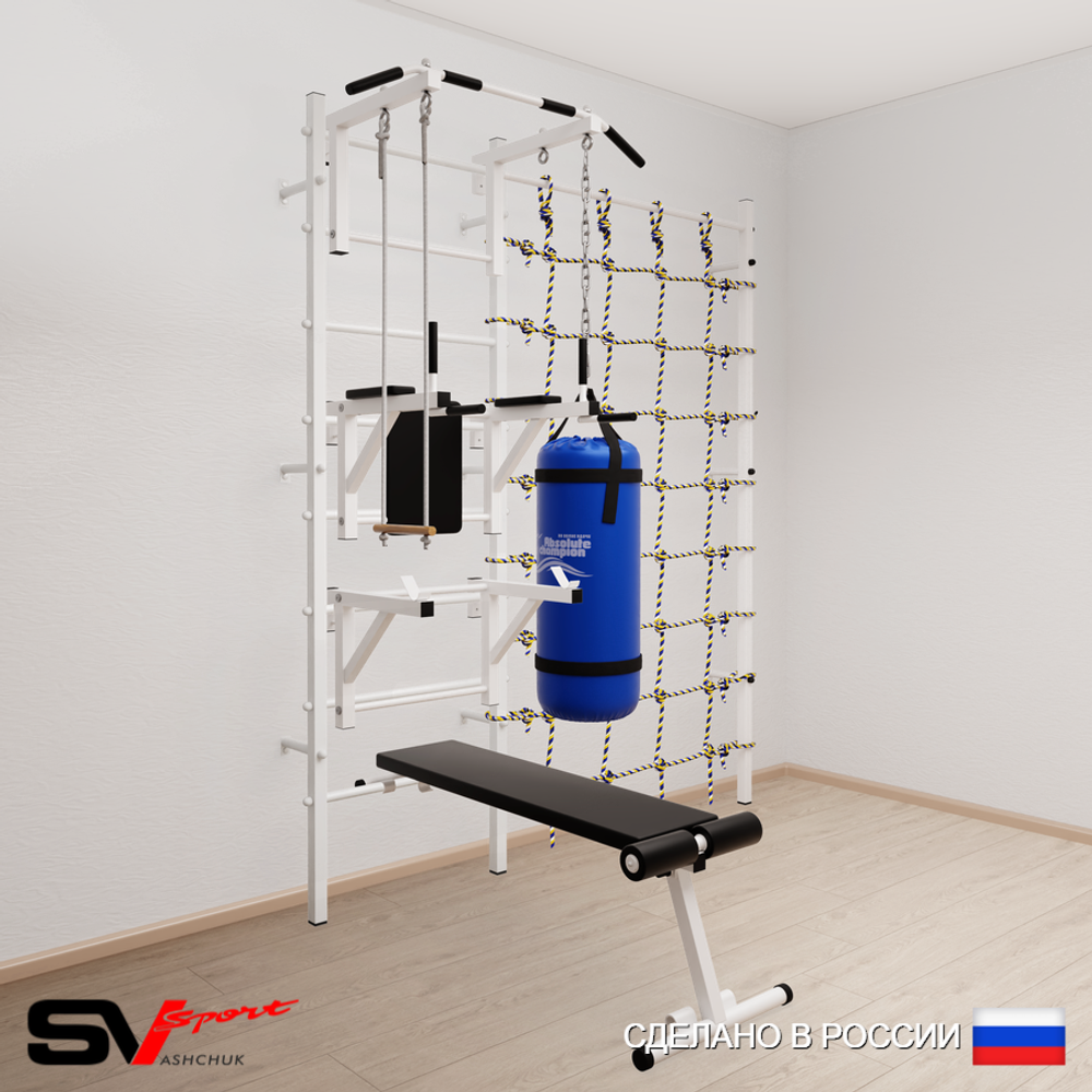 Шведская стенка Sv Sport усиленная 69330 (Турник стандарт/Брусья/Стойка/Скамья/Трапеция/Цепь/Мешок 30кг/Канатный лаз)