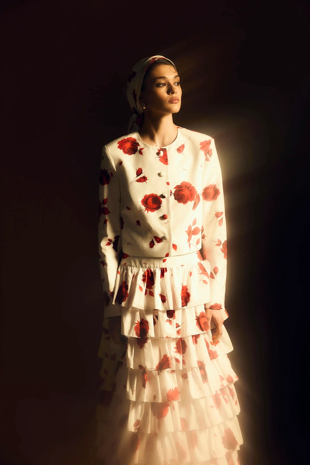 Кармелита макси (Carmelita maxi), юбка макси с рюшами из молочного батиста с цветочным принтом