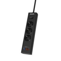 Сетевой фильтр удлинитель Philips CHP4336BA/51 с тремя стандартными розетками EU, 2 USB-A, Type-C, с заземлением и защитой от перегрузок, 2 м, черный