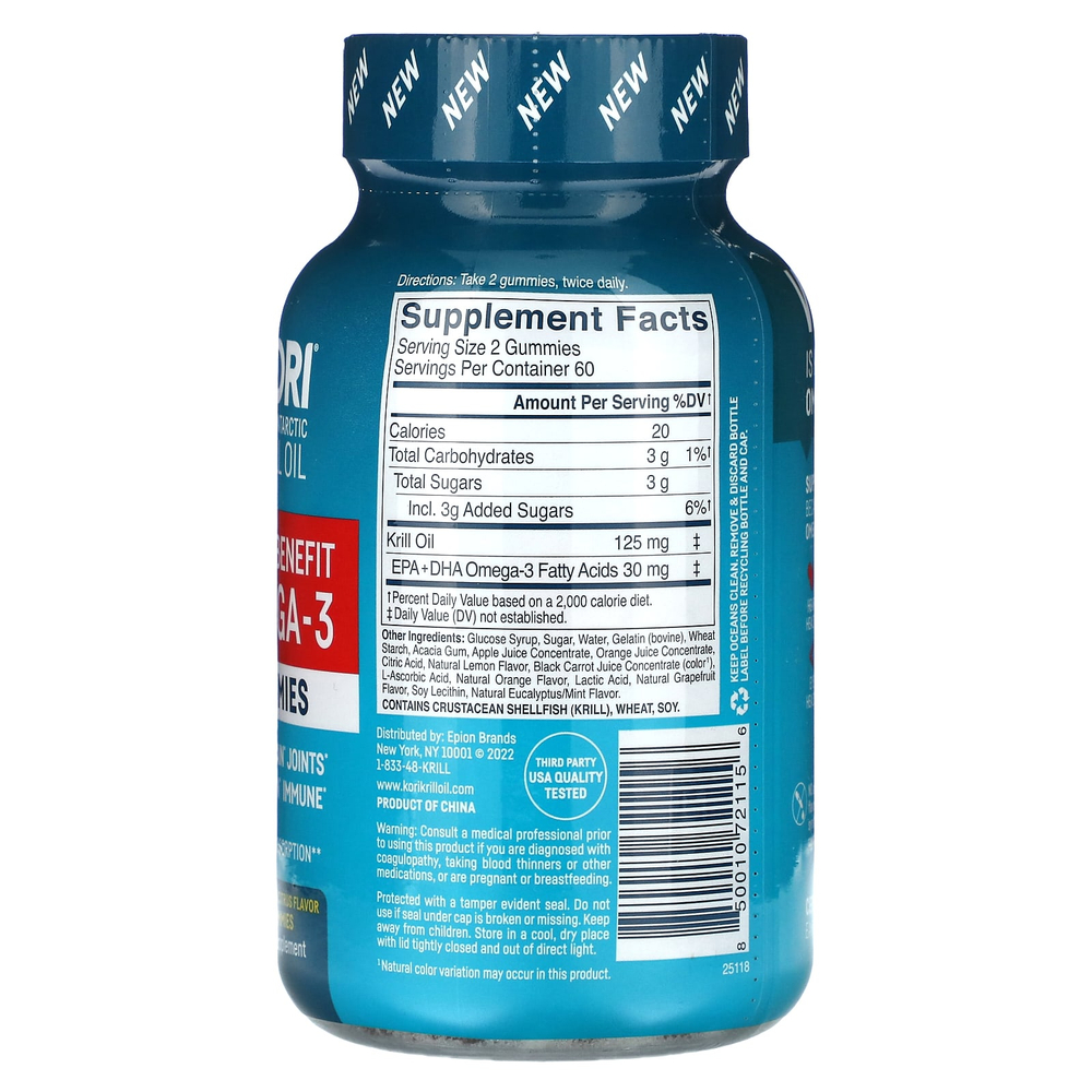 Kori, Чистое масло антарктического криля, многофункциональные жевательные мармеладки с омега-3, натуральная смесь цитрусовых, 125 мг, 120 жевательных таблеток (62,5 мг в каждой жевательной таблетке)