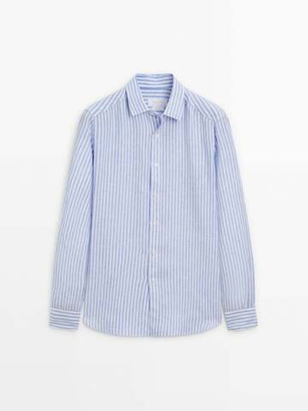Massimo Dutti Льняная рубашка классического кроя в полоску, светло-синий