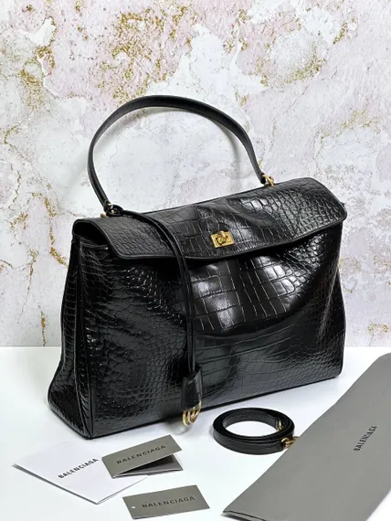 BALENCIAGA RODEO HANDBAG с крокодиловым тиснением, черная