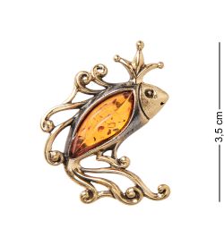 AM-2386 Брошь «Рыбка Царевишна» (латунь, янтарь)