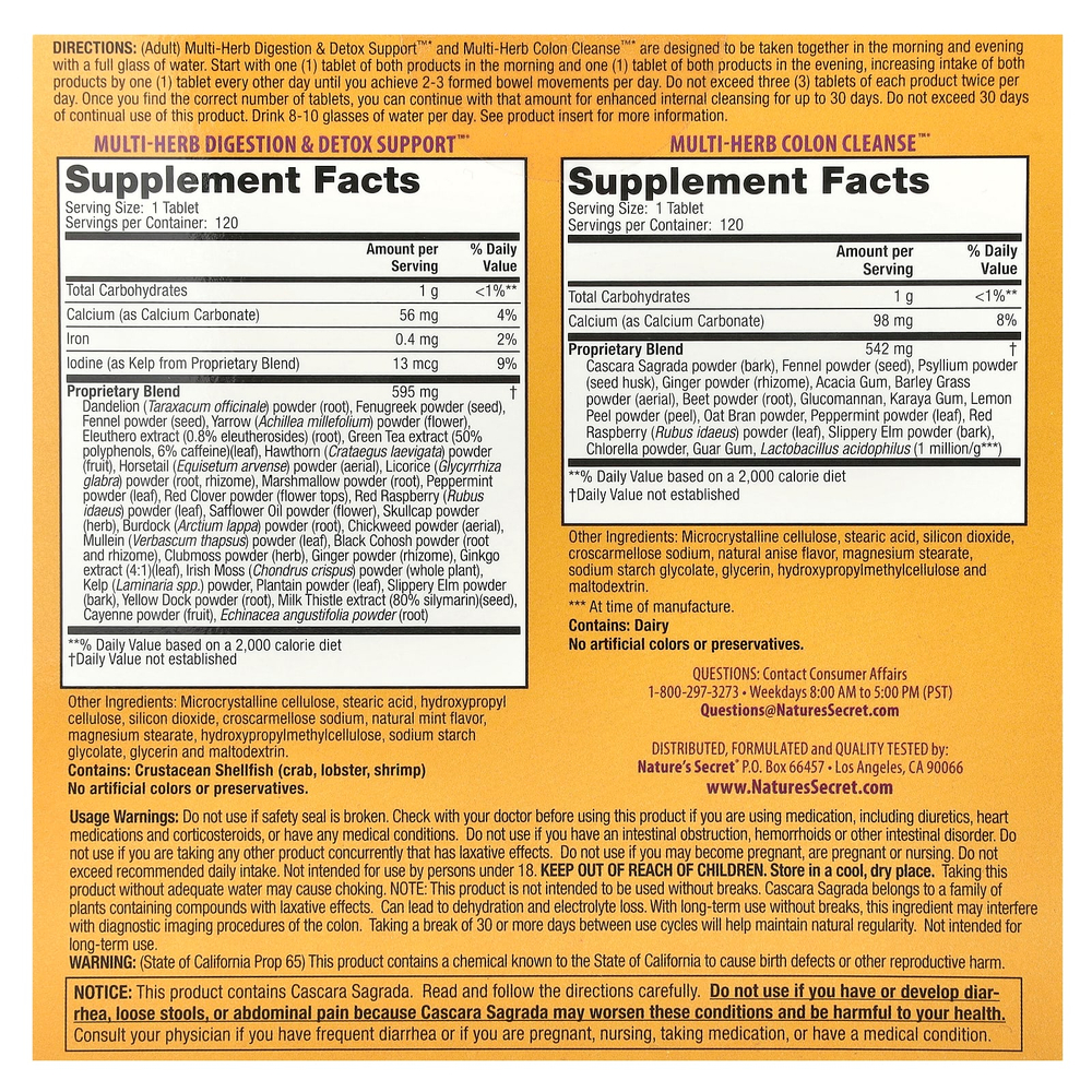 Nature's Secret, Ultimate Cleanse, состоящая из 2 частей программа для всего тела, 2 флакона по 120 таблеток в каждом