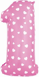 Шар (40"/102 см) Цифра, 1, Сердечки, Розовый, в упаковке