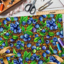Ткань флис спелая черника хохломой на фоне