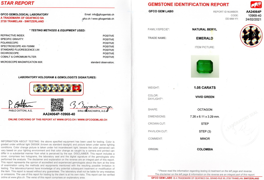 Изумруд, Октагон, 1 шт / 1,05 карат, Колумбия