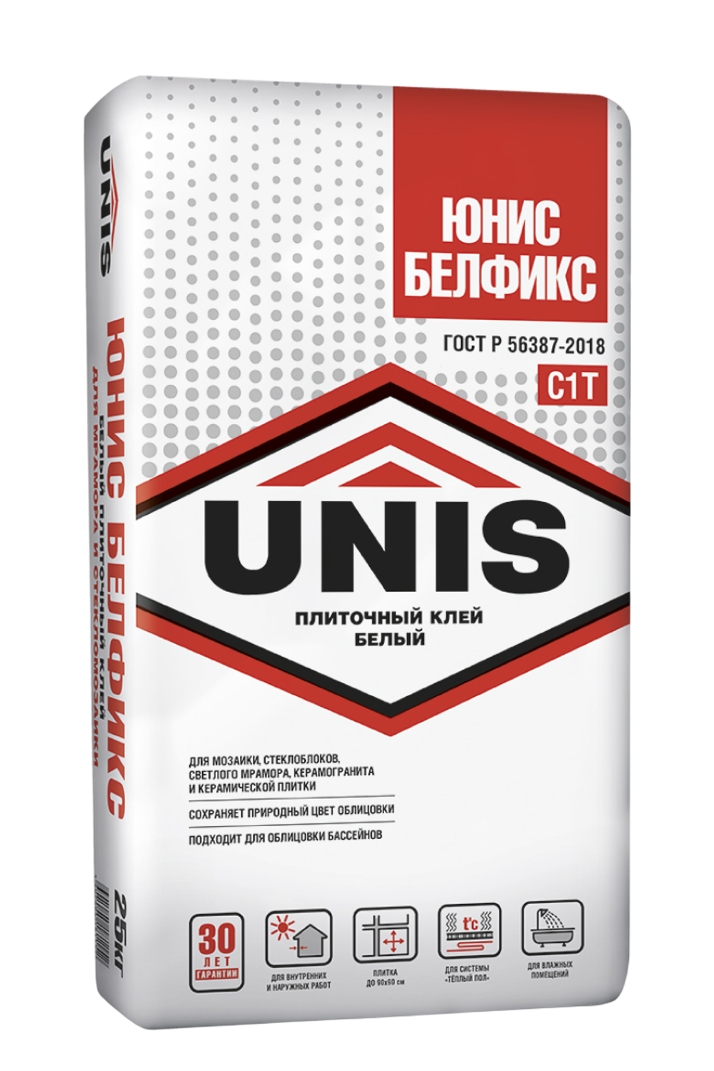 Клей UNIS БЕЛФИКС С1Т белый для стеклянной, мозаичной плитки и мрамора  25 кг