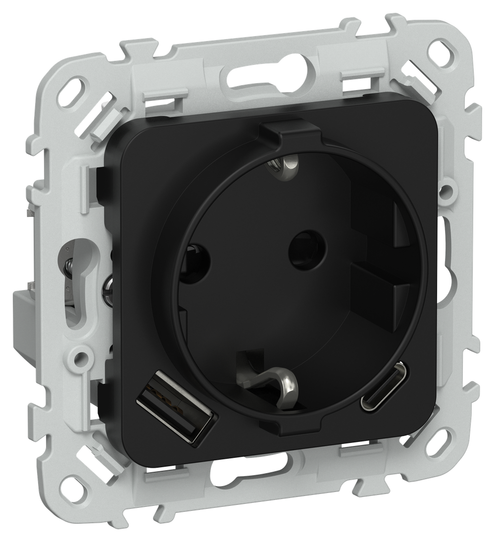 FLITE Розетка 1-местная с заземлением с защитными шторками 16А с USB A+C 20Вт РСЮшс11-0-ФлЧ черный IEK