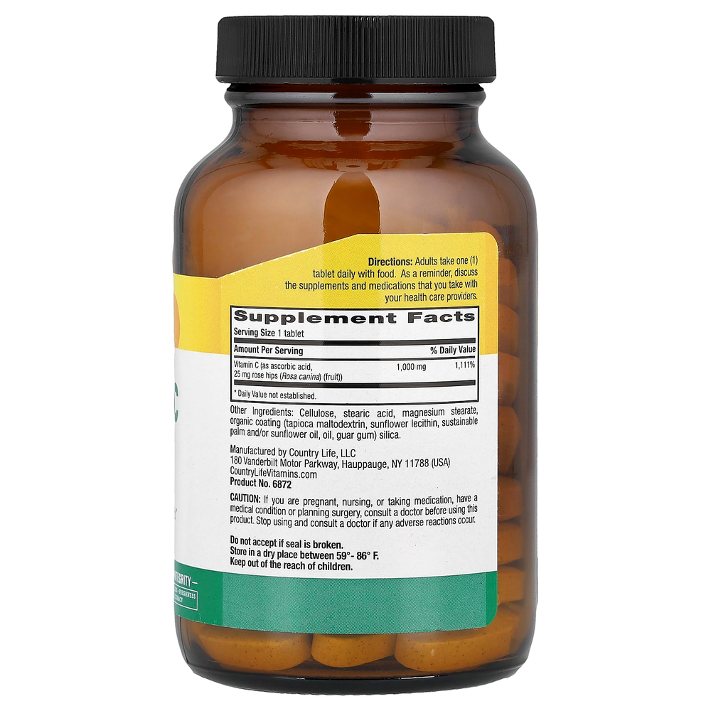 Country Life, Витамин C с замедленным высвобождением с шиповником, 1000 мг, 90 таблеток