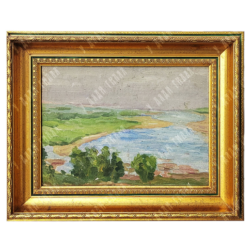 Динес Ю. С. Вечереет на реке. Этюд в сиренево-зеленых тонах. Картон, масло. 1941