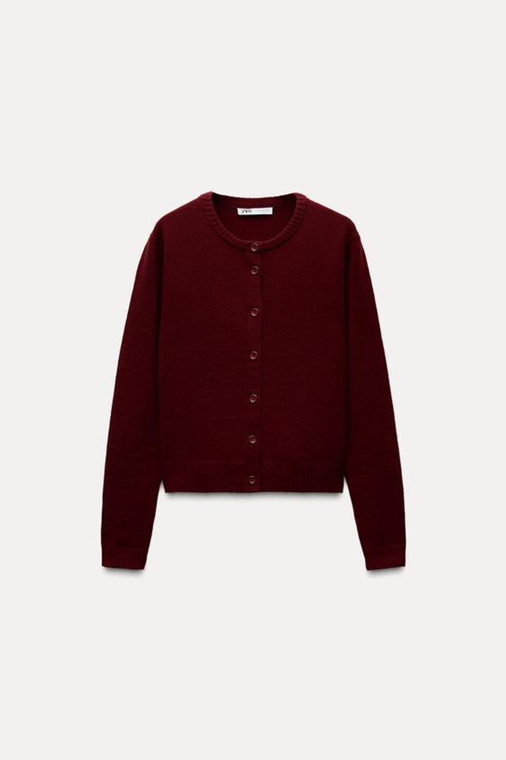 ZARA БАЗОВЫЙ КАРДИГАН ИЗ 100% ШЕРСТИ, ГРАНАТОВЫЙ