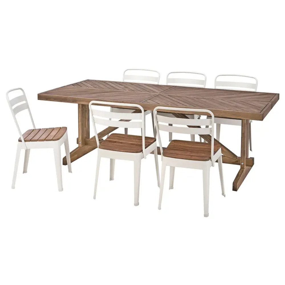 Стол+6 стульев садовый - NORRMANSÖ / NORRMANSÖ IKEA/ НОРРМАНСО ИКЕА, 220х100х74 см, белый/коричневый