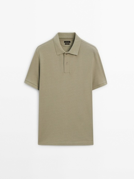 Massimo Dutti Поло из рельефного хлопкового пике, хаки с эффектом потертости