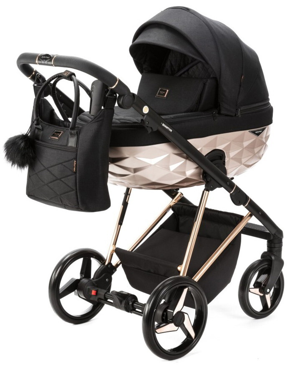 Детская коляска Adamex Quantum Star 2 в 1 Q-STAR52 (ЧЕРНЫЙ+РОЗОВ.ЗОЛОТО РАМА)