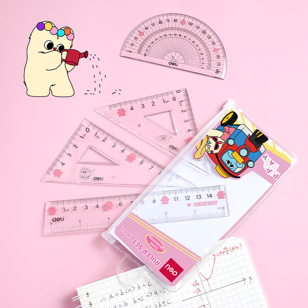 Набор линеек Deli "PupuBaby" (треугольник .2 шт, линейка 15 см,транспортир), прозрачный