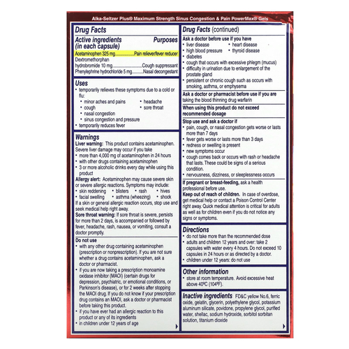 Alka-Seltzer Plus, Гели от заложенности носовых пазух и боли PowerMax, максимальная эффективность, 24 жидких геля