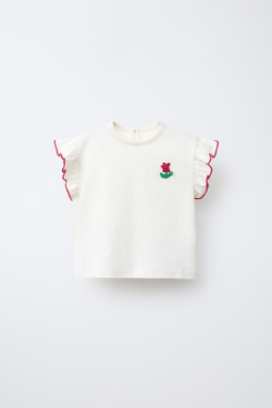 ZARA ФУТБОЛКА С АППЛИКАЦИЕЙ, СВЕТЛЫЙ ЭКРЮ