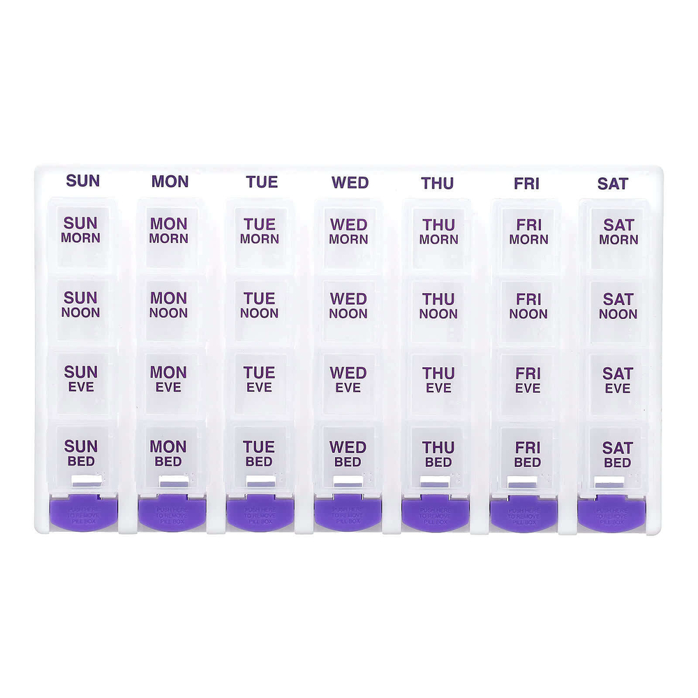 Ezy Dose, 4 раза в день еженедельно со всплывающими кнопками Medtime Planner, фиолетовый, 1 шт.