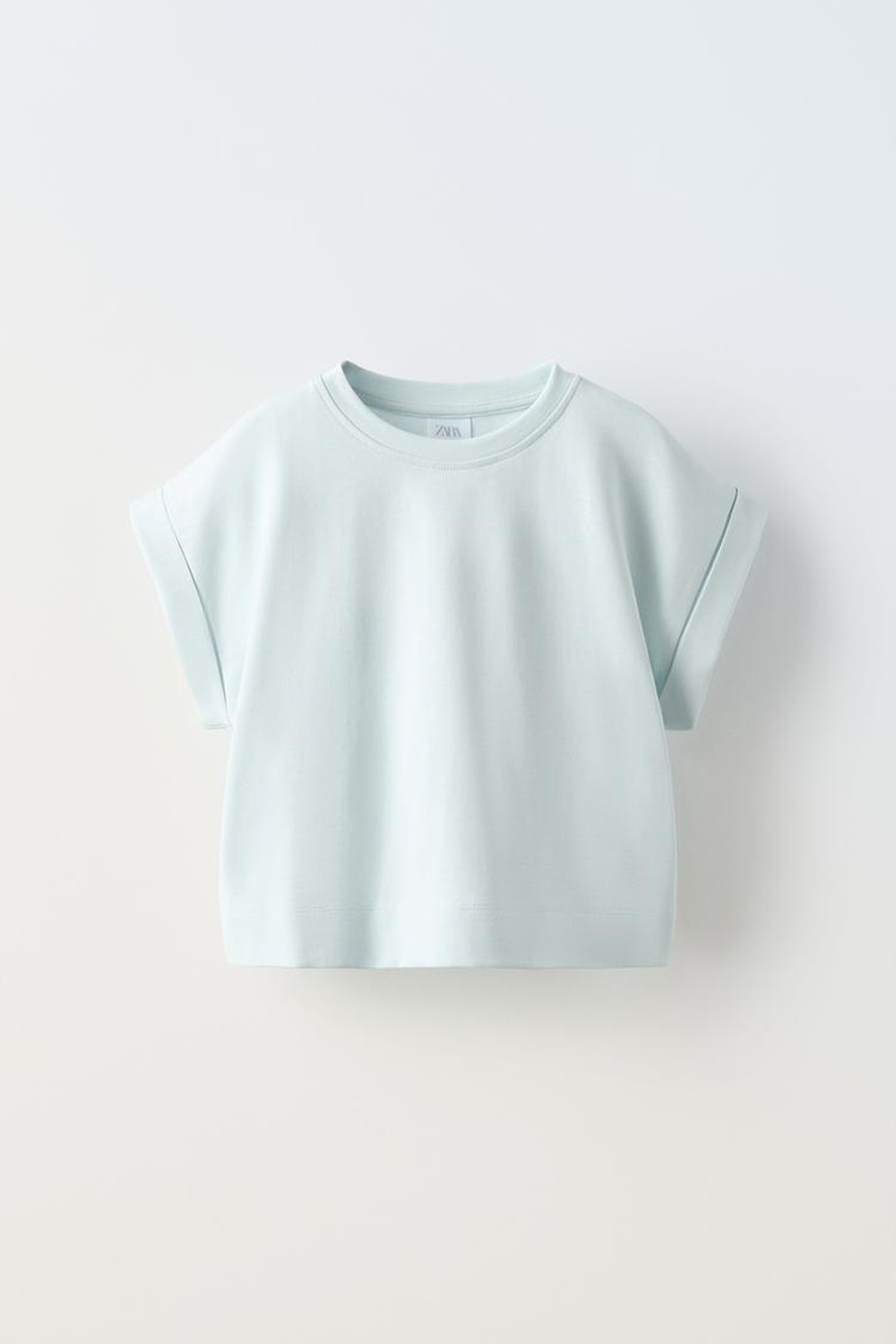 ZARA ФУТБОЛКА С ОТВОРОТАМИ НА РУКАВАХ, ЗЕЛЕНОВАТО-СИНИЙ