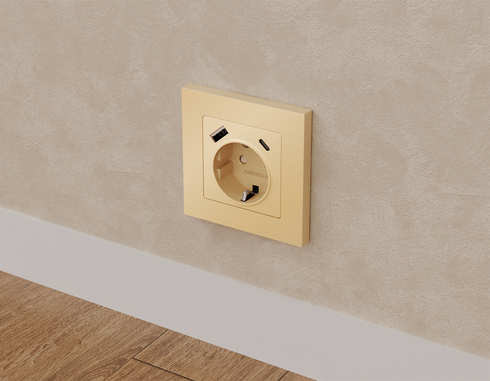 MA610010 Комплект механизма электрической розетки ALFA Шампань 2USB A+C 20W (быстрая зарядка) с/з QUANT (AP6100, VM160)