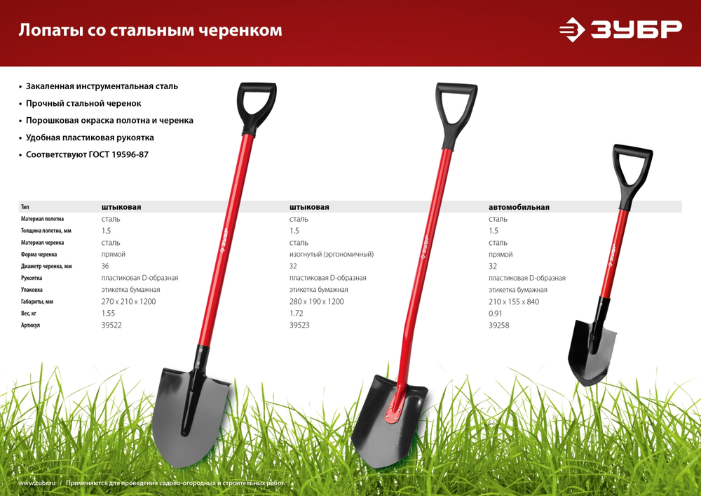 ЗУБР МАСТЕР, 80 см, стальной черенок, укороченная штыковая лопата, автомобильная, закаленное полотно (39258)