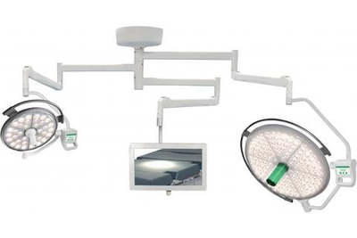 Потолочный двухблочный светодиодный операционный светильник Паналед-160/120 с видеокамерой HD и рычагом с кронштейном для монитора