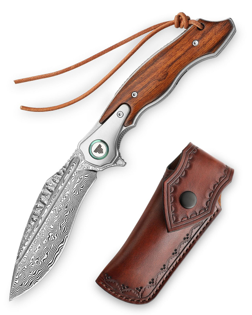 Складной туристический нож TRIVISA Lepus-01/P клинок 110 Layers Damascus рукоять титан и железное дерево (коричневый)