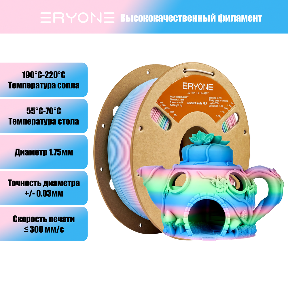 Пластик Eryone Matte Gradient Multi-Color PLA 1.75mm 1kg fairy tale-pink & green & blue