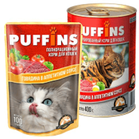 Puffins влажный корм для кошек говядина в аппетитном соусе