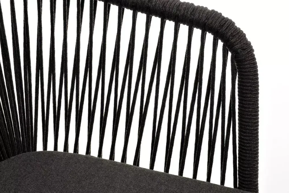 "Марсель" стул плетеный из роупа, каркас из стали золотой глянец, роуп темно-серый круглый, ткань серая