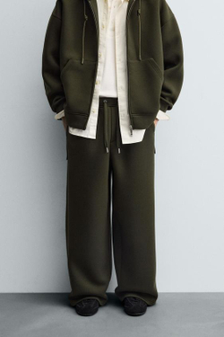 ZARA БРЮКИ INTERLOCK WIDE FIT, ТЕМНО-ЗЕЛЕНЫЙ