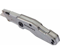 Складной быстросменный нож WORKPRO алюминиевый, трапециевидное лезвие WP211010