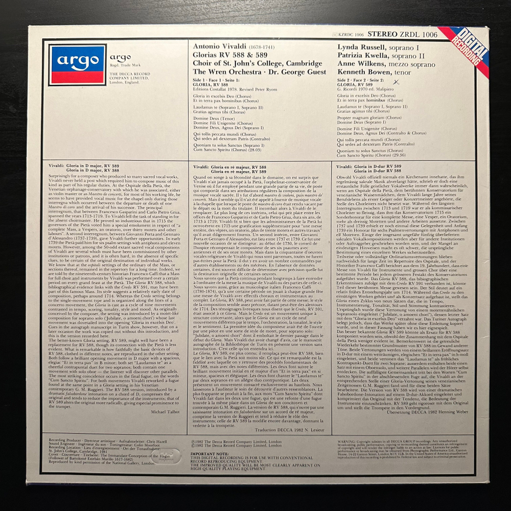 Вивальди - Glories RV 588 и RV 589 (Голландия 1982г.)