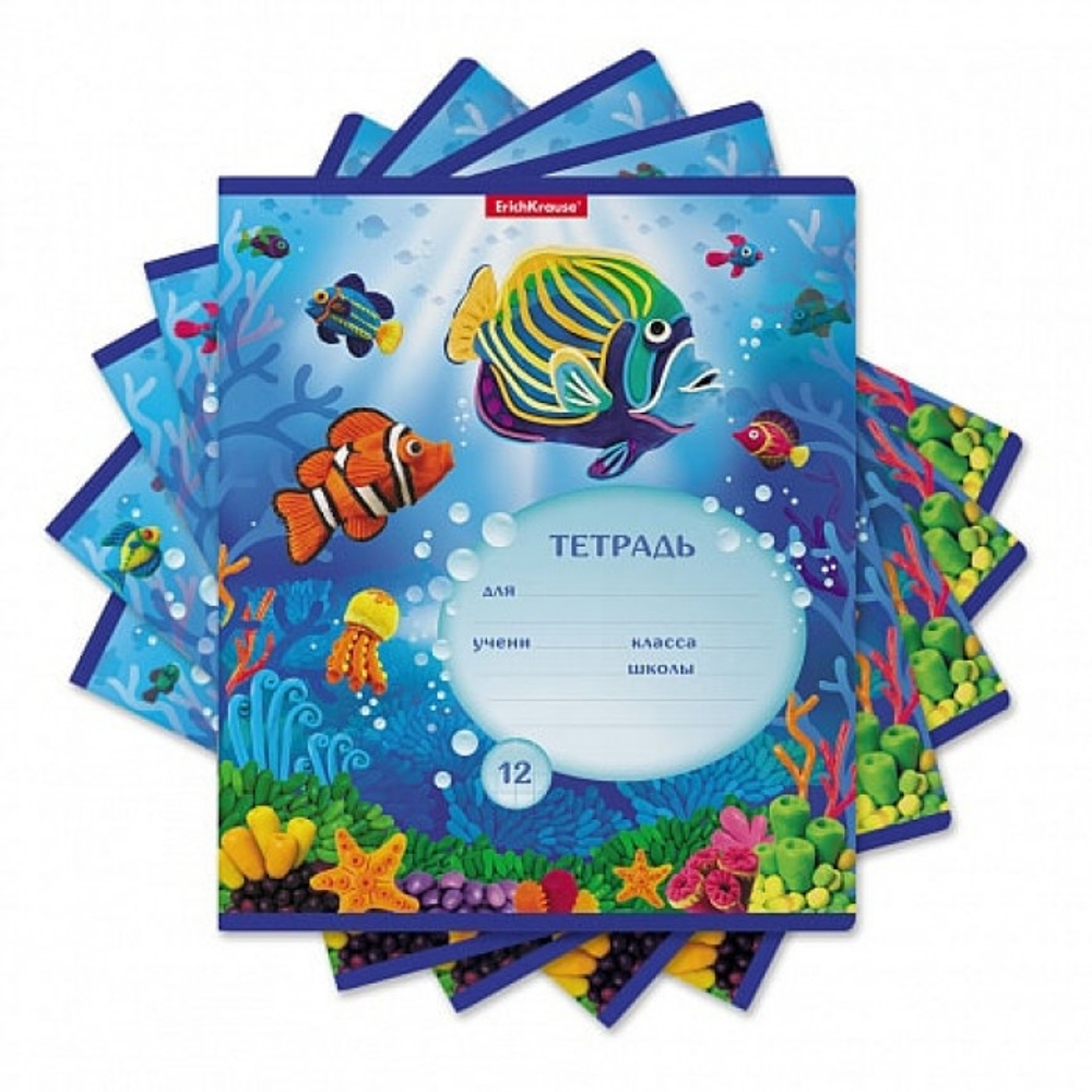 Тетрадь 12л., крупная клетка, Erich Krause, скрепка, офсет, мелован. картон "Мир из пластилина"
