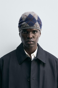 ZARA ЖАККАРДОВАЯ ШАПКА БИНИ С УЗОРОМ «РОМБЫ», СЕРЫЙ