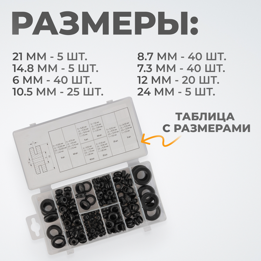 WDK-214054 Набор уплотнительных колец резиновых, черные, 180 шт.