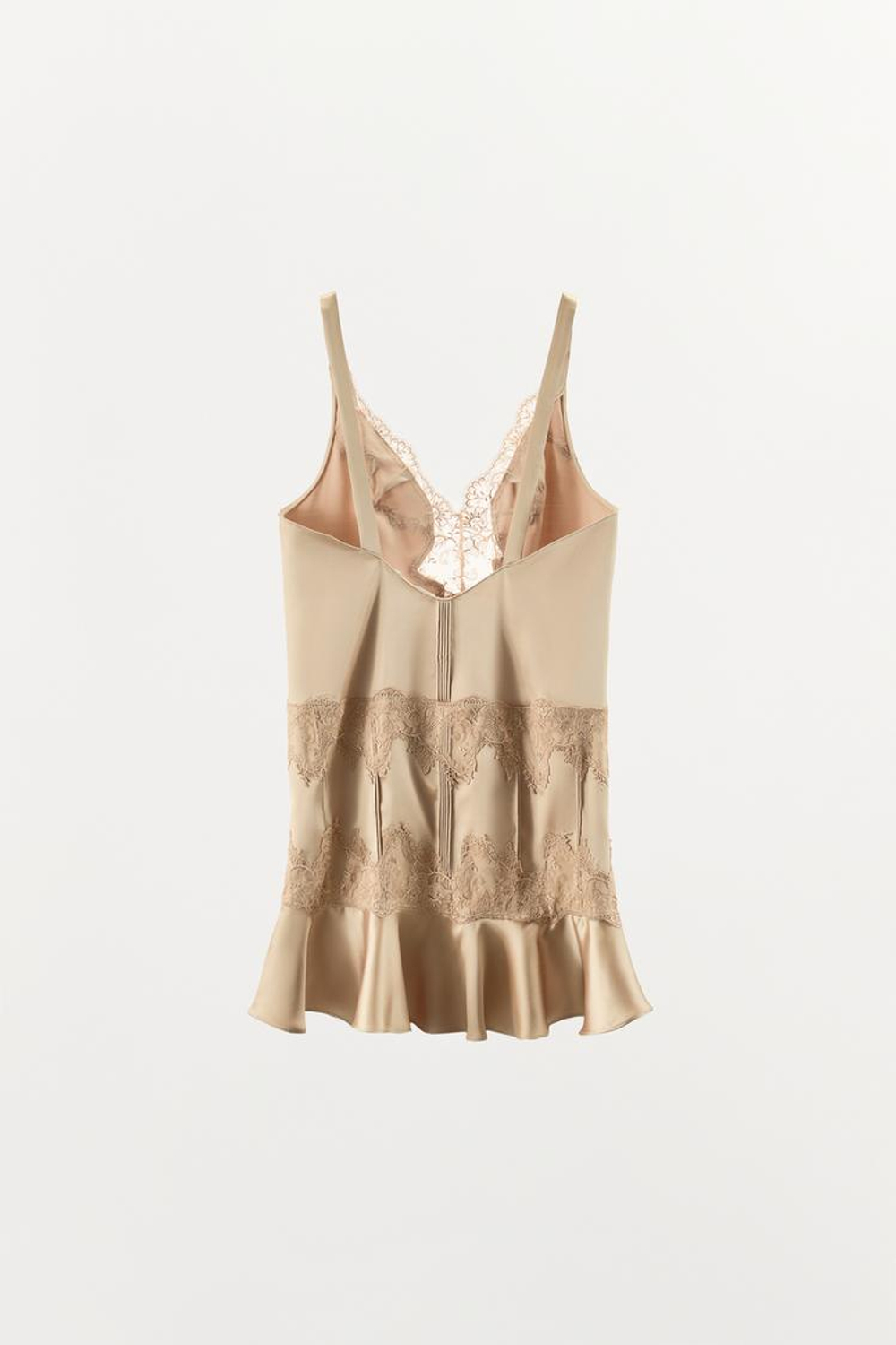 ZARA МИНИ-ПЛАТЬЕ ИЗ АТЛАСА С КРУЖЕВОМ И ВОЛАНАМИ, РЫЖЕВАТО-КОРИЧНЕВЫЙ