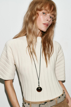 ZARA ТОП В РУБЧИК С ОБЪЕМНЫМИ РУКАВАМИ, ЭКРЮ