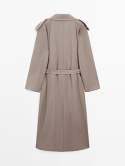 Massimo Dutti Длинное объемное пальто-тренч из 100% шерсти - Limited Edition, оливковый