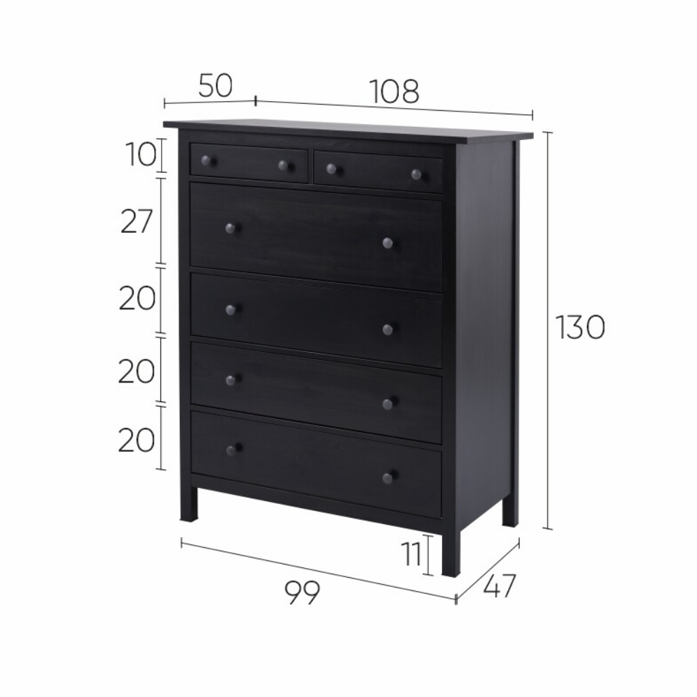 Комод с 6 ящиками деревянный, Хемнэс Hemnes/ Кымор, 108х50х131 см,черный