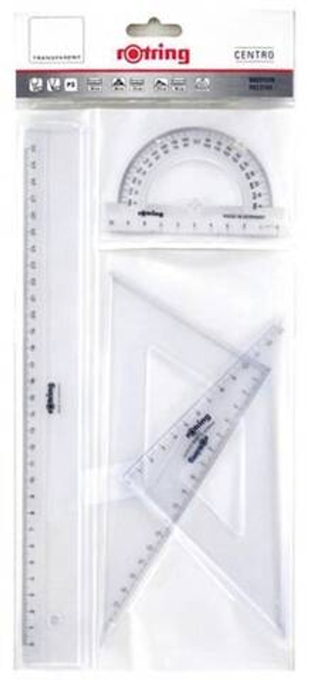 Набор чертежный Rotring "Centro" (треугольник 2шт, линейка 30см, транспортир), прозрачный