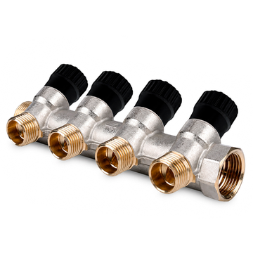 Коллектор Rommer 1"х 3/4" на 4 отвода «евроконус» с запорными клапанами RMB-0014-013404